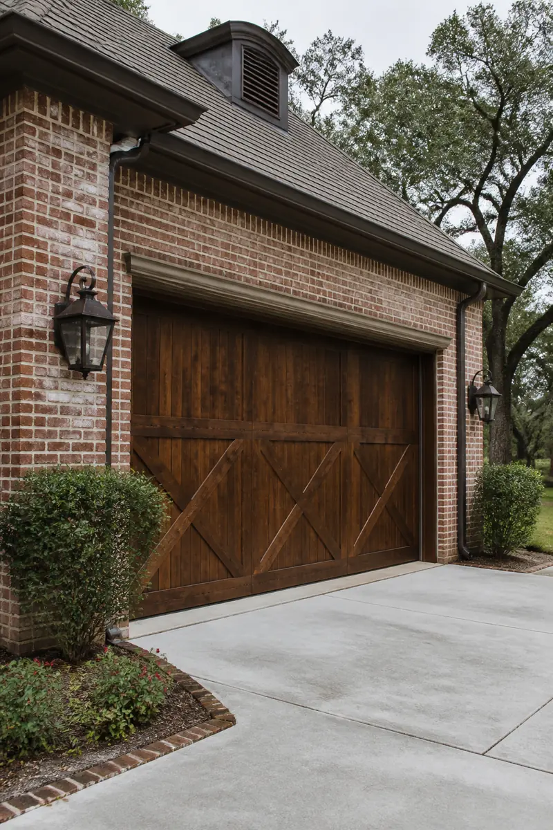 Wood-plank residential garage door on a brick Gulf South home